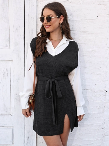 Dames Casual V-Hals Gebreide Vestjurk Met Riem Zijsplit Mouwloze Pullover Trui Herfst Winter Lange Top