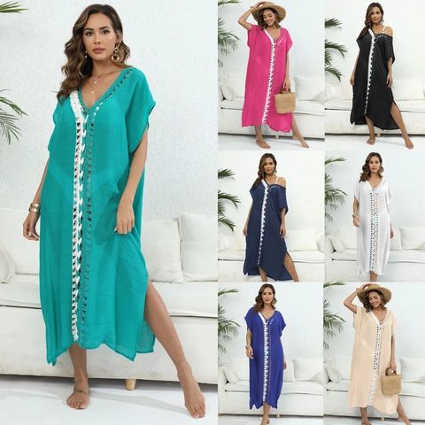 Cubre Traje de Baño Sexy con Cuello en V para Mujer Croché a Mano Patchwork Abertura Lateral Vestido Maxi Bohemio Poliéster