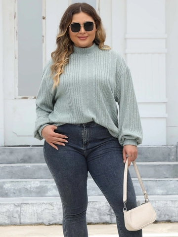 Dames Plus Size Ribgebreid Mock Neck Top Lange Lantaarnmouwen Effen Kleur Herfst Winter Casual Pullover T-Shirt