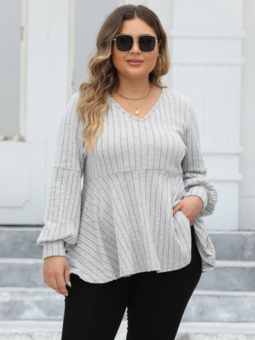 Top da Donna Taglie Forti Scollo a V a Costine con Peplo Maniche a Lanterna Tinta Unita Casual Maglietta Blusa Quotidiana