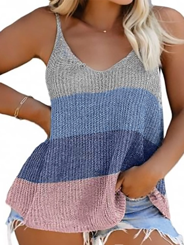 Damen Übergröße Strick Gestreiftes Unterhemd Häkeln V-Ausschnitt Spaghetti-Träger Mehrfarbig Tank Top Casual Sommer Top