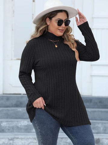 Women Plus Size Turtleneck Long Sleeve Ribbed Knit Tunic Top Side Split Slim Fit Heather Gray Rose Red Yellow Black T-Shirt