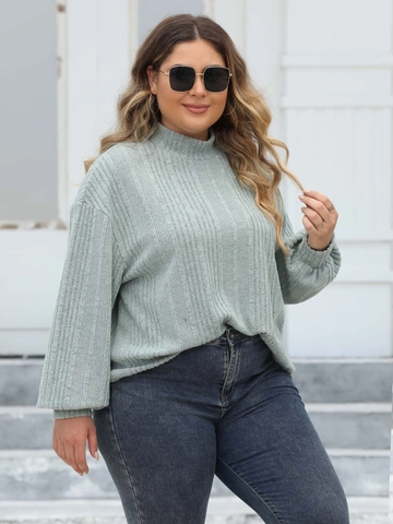 Dames Plus Size Ribgebreid Mock Neck Top Lange Lantaarnmouwen Effen Kleur Herfst Winter Casual Pullover T-Shirt