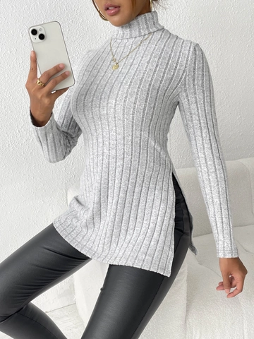 Women Turtleneck Ribbed Knit Top Slim Fit Side Split Mid-Length Long Sleeve Pullover Autumn Casual Heathered Base Layer Top