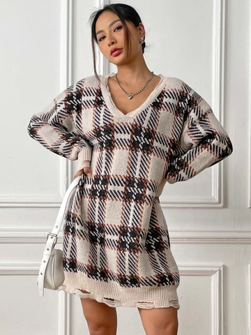 Damen Casual Karo V-Ausschnitt Zerstört Strickpullover Kleid Übergröße Langarm Kariert Patchwork Mittellang Pullover Winter Top