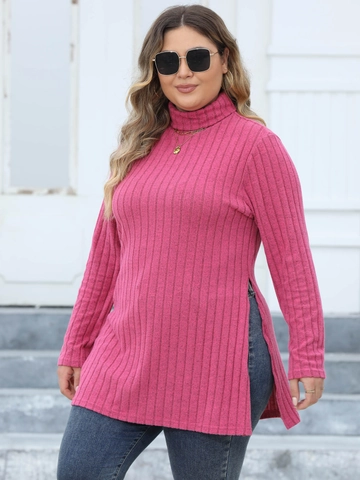T-Shirt da Donna Taglie Forti Dolcevita Manica Lunga in Maglia a Costine Con Spacco Laterale Maglia Lunga Slim Fit per Autunno Primavera