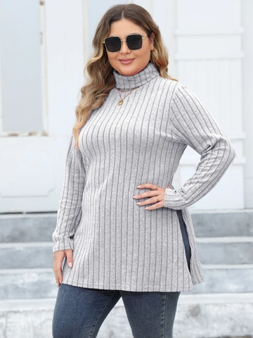 T-Shirt da Donna Taglie Forti Dolcevita Manica Lunga in Maglia a Costine Con Spacco Laterale Maglia Lunga Slim Fit per Autunno Primavera