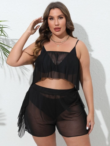 Damen Große Größen Sexy Schwarz Durchsichtiges Netz Rüschen Strand Cover Up Spaghetti Träger Top Und Shorts