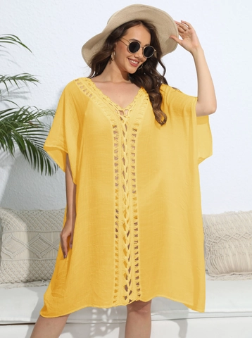 Women's Casual Crochet Hollow-Out Beach Cover-Up V-Neck Batwing Sleeve Loose Solid Color Summer Swimwear Dress