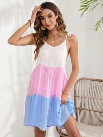 Women Color Block Tiered Cami Dress Summer Spaghetti Strap V Neck Sleeveless Casual Beach Vacation Patchwork Mini Dress