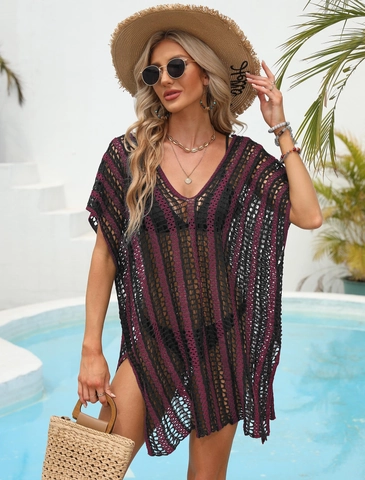 Women Crochet Hollow Out Beach Cover Up Striped V Neck Swimsuit Wrap Dress Boho Knit Bikini Outerwear Loose Vacation Tunic
