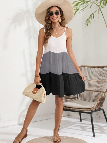 Women Color Block Tiered Cami Dress Summer Spaghetti Strap V Neck Sleeveless Casual Beach Vacation Patchwork Mini Dress