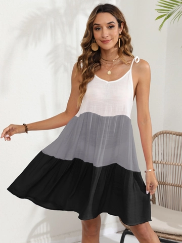 Robe Cami à Rayures Color Block pour Femmes Col en V à Volants Étagés Robe de Plage Sans Manches en Polyester Mini Robe d'Été pour Vacances