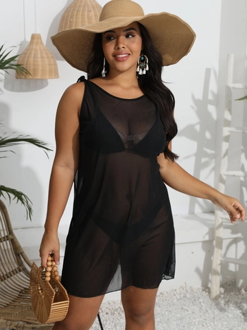 Women Plus Size Sexy Mesh See-Through Beach Cover Up Dress Sleeveless Round Neck Solid Color Polyester Beachwear Top