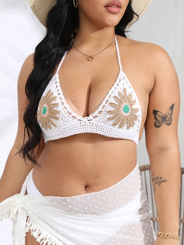 Women Halter Bikini Top Crochet Flower Applique Lace-Up Cami Top Bohemian Beach Backless Crop Top Sexy Hollow Out Knit Tops