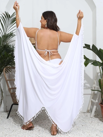 Abito a Portafoglio da Spiaggia Donna Taglie Forti Scollo a V Senza Maniche con Nappine Orlo Irregolare Copricostume Mare