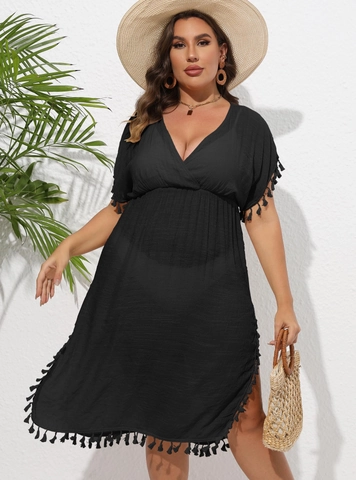 Plus Size V Neck Beach Cover Up Tassel Drawstring Waist Vacation Dress For Women Polyester Solid Color Slit Beachwear