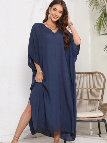 Women's V-Neck Loose Kaftan Beach Cover-Up Oversize Maxi Dress With Side Slit Batwing Sleeve Solid Color Summer Vacation