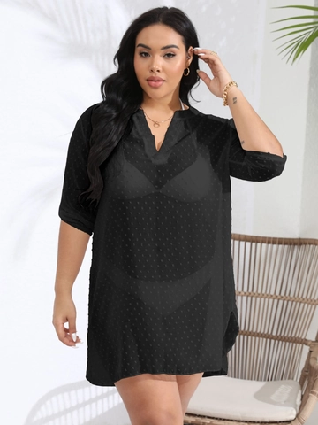 Plus Size Women Beach Cover Up Sexy See Through Swiss Dot Chiffon V Neck Side Slit Summer Resort Shirt Dress