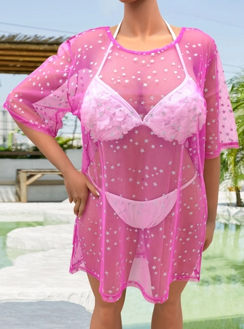 Cache-Maillot de Plage Sexy en Maille Transparente Grande Taille Femme avec Étoiles Bronzées Top Robe Bikini