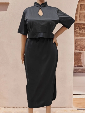 Damen Übergröße Schwarz Satin Mock Zwei-Teiler Set Stehkragen Tropfenausschnitt Hoher Schlitz Midi Rock Kurzarm Outfit