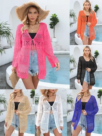 Capa de Playa de Ganchillo Calada para Mujer Cárdigan Manga Larga con Cordones Color Sólido Bohemio Verano Bikini Top