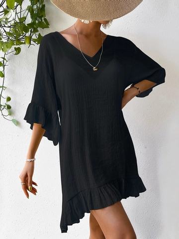 Damen Strand-Überwurf-Kleid Schmetterling Häkel-Durchbruch Rückenfrei V-Ausschnitt Rüschen Glockenärmel Urlaub Einfarbig Mini-Kleid