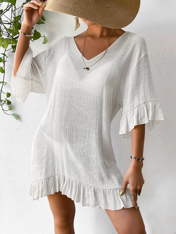 Damen Strand-Überwurf-Kleid Schmetterling Häkel-Durchbruch Rückenfrei V-Ausschnitt Rüschen Glockenärmel Urlaub Einfarbig Mini-Kleid