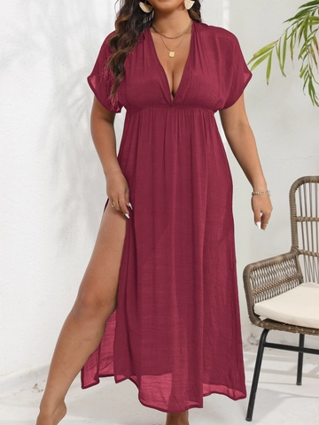 Robe de Plage Grande Taille pour Femmes Polyester Col en V Profond Dos Nu Fente Robe Longue Couleur Unie Taille Cintree Decontracté Fête Vacances