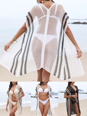 Women's Crochet Beach Cover-up Hollow Out Striped Knit Shirt For Bikini Swimwear Summer Vacation Tunic
