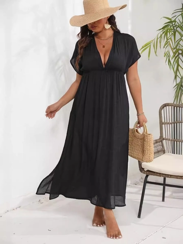 Damen Übergröße V-Ausschnitt Rückenfrei Empire-Taille Hochgeschlitzt Maxi Kleid Einfarbig Sommer Strand Urlaub Cover Up Kleid