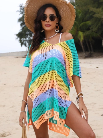 Damen Gestreiftes Häkel Strand Cover-Up Lockerer V-Ausschnitt Hohlgestrickter Kaftan Bademode Resort Kleid Für Sommer Party