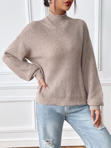 Women's Mock Neck Pullover Knit Sweater Loose Drop Shoulder Long Sleeve Solid Chunky Knit Jumper Autumn Winter Top