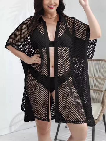 Women Plus Size Mesh Beach Cover Up Dress Hollow Out Button Down Shirt Collar Crochet Knitted Vacation Swimsuit Wrap