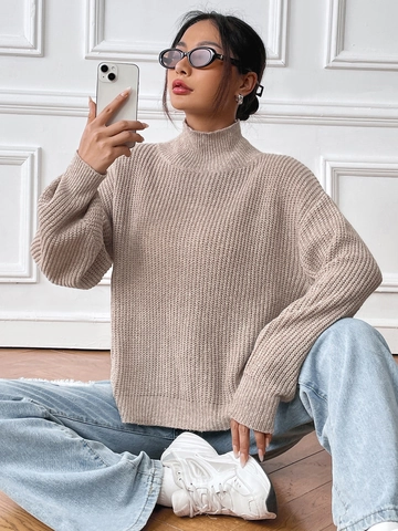 Women's Mock Neck Pullover Knit Sweater Loose Drop Shoulder Long Sleeve Solid Chunky Knit Jumper Autumn Winter Top