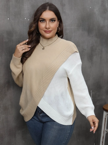 Maglione Pullover da Donna Taglie Forti a Blocchi di Colore Con Lupetto Manica Lunga Patchwork in Maglia Casual Streetwear
