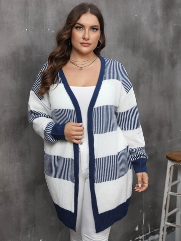 Damen Übergröße Strickjacke Gestreift Acryl V-Ausschnitt Langarm Offene Front Casual Pullover Jacke Oberbekleidung Für Damen