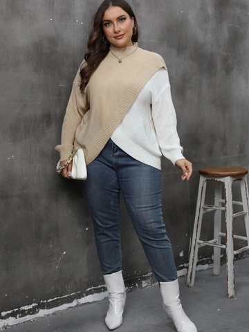 Grote Maat Dames Gebreide Trui met Kleurblok Patchwork Col Lange Mouwen Herfst Winter Casual Streetwear Pullover Top