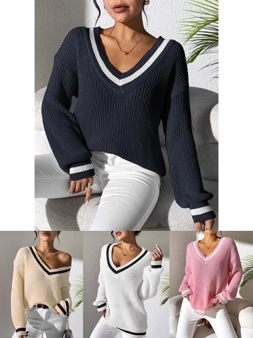 Dames Gebreide Trui met V-hals Contraststreep Lange Mouw Preppy Stijl Pullover Casual Losse Gebreide Jumper Top Herfst Winter