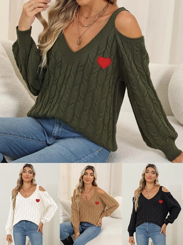 Maglione Donna Sexy Spalle Scoperte Scollo a V Lavorato a Trecce Pullover Manica Lunga Patch a Cuore Top Casual