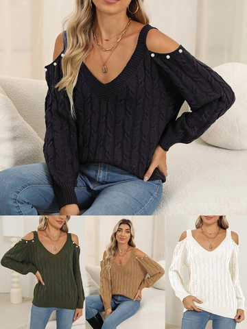 Maglione da Donna con Scollo a V e Spalle Scoperte Pullover a Trecce con Künstliche Perle Acrilico Manica Lunga Jumper Top Maglieria