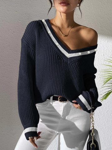 Women Preppy V Neck Knitted Sweater Long Sleeve Contrast Color Beaded Artificial Pearl Pullover Top Casual Loose Warm Knitwear