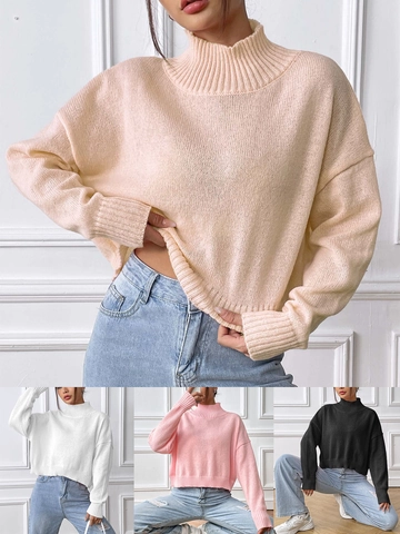 Women's High Neck Knit Sweater Loose Drop Shoulder Long Sleeve Crop Pullover Solid Casual Warm Knitwear Top