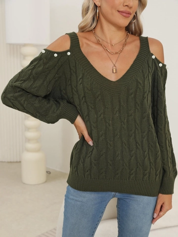 Maglione da Donna con Scollo a V e Spalle Scoperte Pullover a Trecce con Künstliche Perle Acrilico Manica Lunga Jumper Top Maglieria
