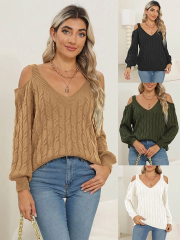Dames Sexy Diepe V-Hals Blote Schouders Kabelgebreide Trui Losse Pullover Lange Mouwen Effen Kleur Casual Mode Top