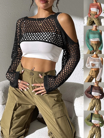 Women's Sexy Hollow Out Crochet Shrug Long Sleeve Cold Shoulder Knit Cropped Top Beach Casual Mesh Outerwear