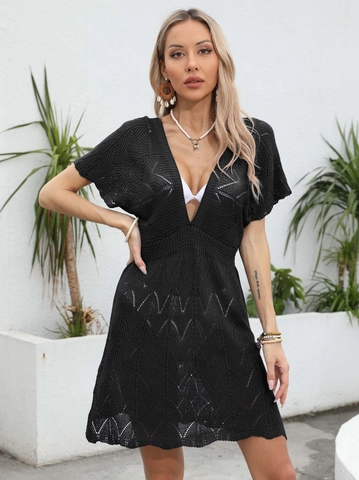 Women Sexy Deep V Neck Crochet Beach Cover Up Dress Hollow Out Backless Knitted Swimsuit Coverup Short Sleeve Mini Dress