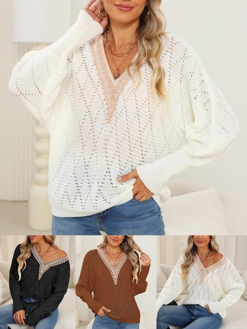 Damen V Ausschnitt Pullover Hohl Geschnitten Spitze Patchwork Fledermausärmel Locker Strickpullover Casual Herbst Winter Jumper