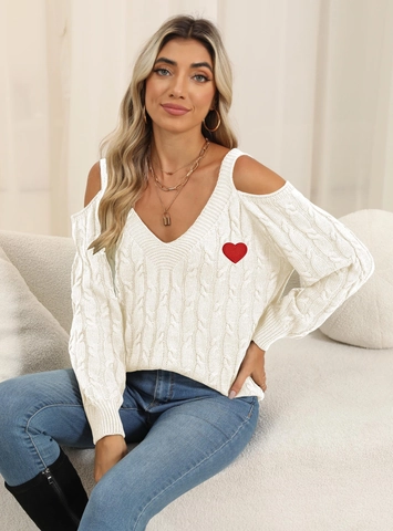 Maglione Donna Sexy Spalle Scoperte Scollo a V Lavorato a Trecce Pullover Manica Lunga Patch a Cuore Top Casual
