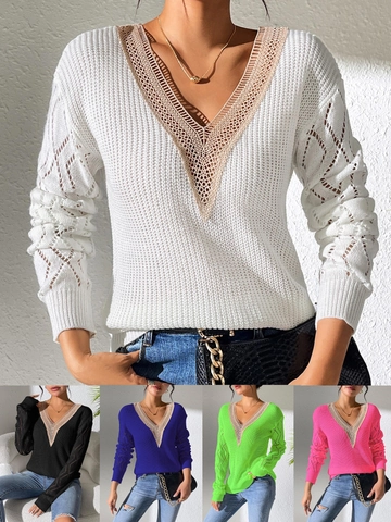 Pull en Tricot pour Femmes Col en V Patchwork en Dentelle Décontracté Manches Longues Bloc de Couleur Haut Tricoté